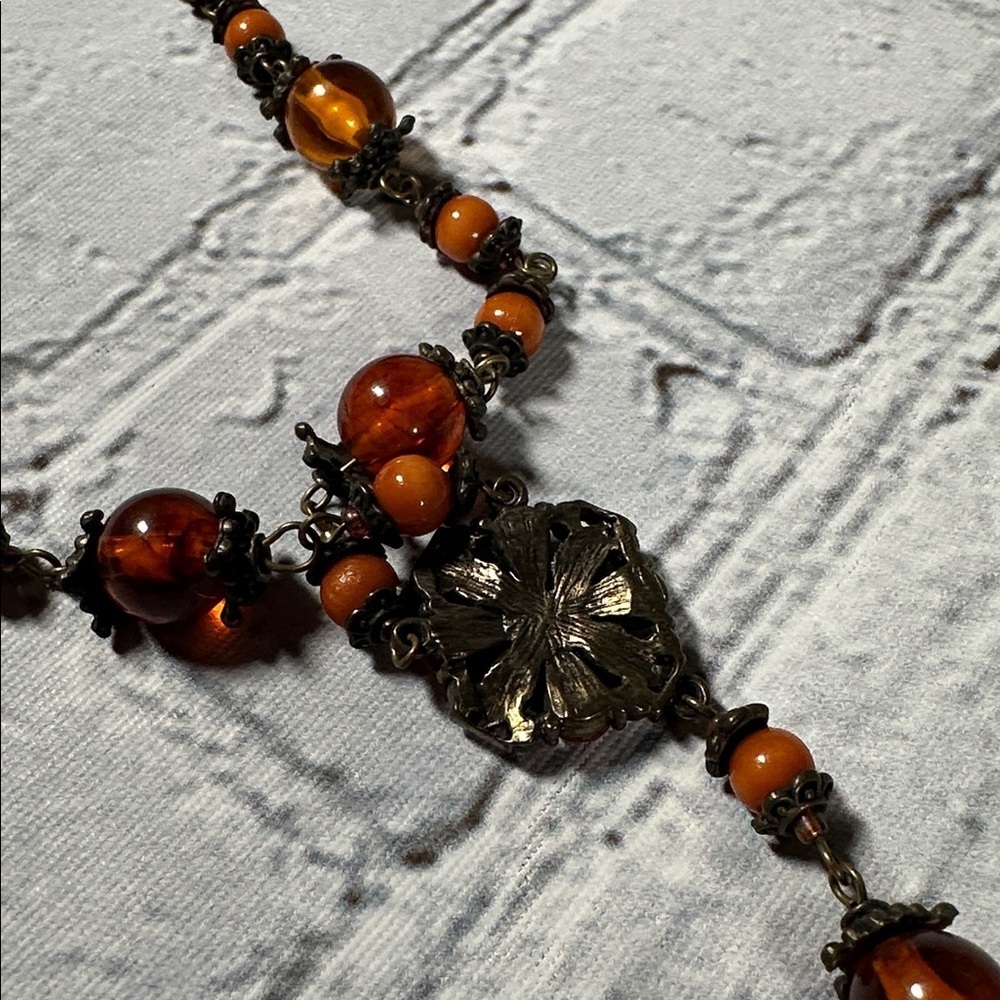 Elegant Burnt Orange Beaded Teardrop Statement Necklace 19” - Picture 9 of 10